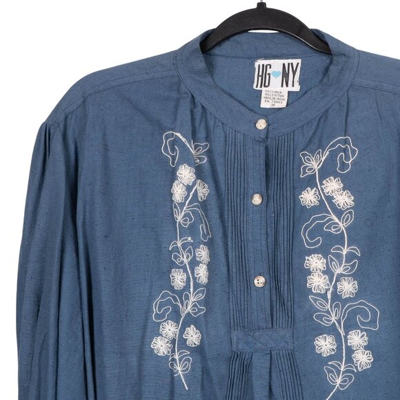 Y2K Embroidered Tunic Blouse M Linen Floral Pleated Button 90s Boho Layering Top - Picture 2 of 6